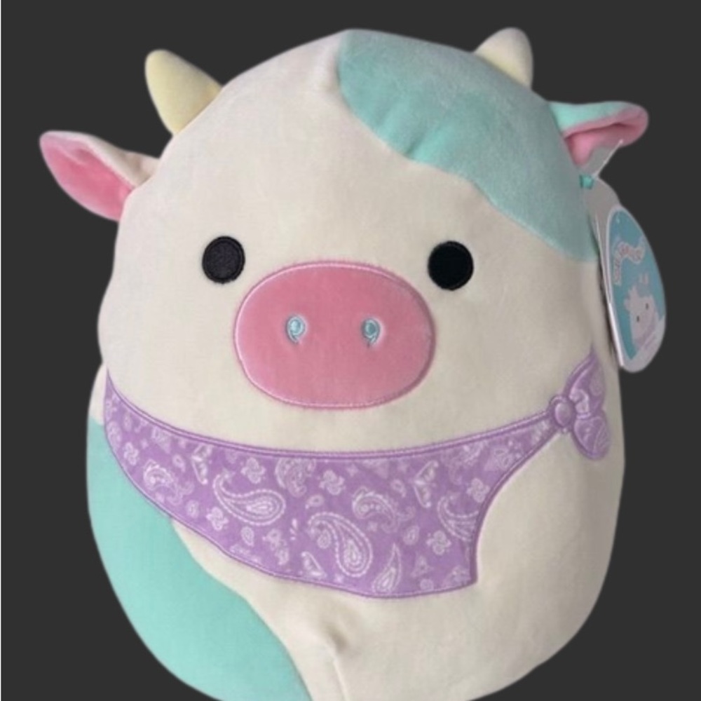 Squishmallow-Inspired Pastel Cow Plush Toy - Cream, Pink & Mint